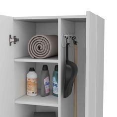 an open cabinet with various items on it