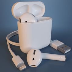 an apple airpods is plugged in to the charger and power cord for charging