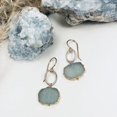 Shimmering organic cuts of aqua druzy drop from glittering hand forged links. Rays of light are reflected from these earrings constantly, leaving you shining like the star you are day and night. From our Aqua Druzy Collection. #everydayfashion #crystalearrings #uniquedesign •Sterling silver •Aqua Druzy •Dimensions: 1/2 x 1.5" Rays Of Light, Glitter Earrings, Jewelry Repair, Day And Night, Hand Forged, Semi Precious Gemstones, The Star, Crystal Earrings, Druzy