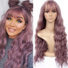 Halloween Long Wavy Purple Wigs – Wigyy Long Wavy Wig, Air Bangs, Purple Wig, Wavy Wig, Pink Wig, Curly Hair Women, Hair Replacement, Brown To Blonde, Synthetic Wig