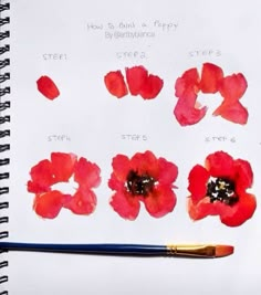 an artist's notebook with watercolors and ink drawings of red poppies