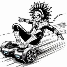 an ink drawing of a spider - man riding on a skateboard with headphones