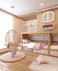 a bedroom with bunk beds and pink furniture