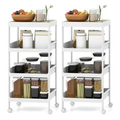 two white shelving units with food on top and bowls in the middle, each holding different types of items