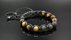 Tiger's eye Bracelet Shamballa Bracelet Men's Beaded Adjustable Brown Jewelry With Black Beads, Casual Black Beaded Bracelet, Casual Beaded Lava Stone Bracelets, Adjustable Lava Stone Beaded Bracelets, Adjustable Lava Stone Bracelets With Gemstone Beads, Adjustable Lava Stone Bracelet With Gemstone Beads, Lava Stone Beaded Bracelet Jewelry, Casual Adjustable Lava Stone Beaded Bracelets, Casual Lava Stone Jewelry With 8mm Beads