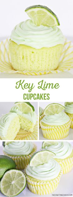 key lime cupcakes with frosting and lime slices