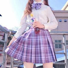 Uniform Aesthetic, Purple Plaid Skirt, Skirts Korean, Pink Plaid Skirt, Kawaii Skirt, Black Skirt Suit, Skirts For Girls, Solid Skirt, Pleated Shirt