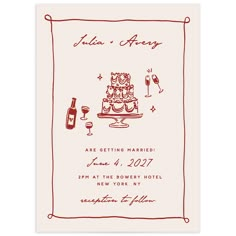 a red and white wedding card with an image of a cake, wine glasses, and bottle