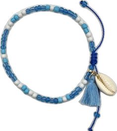 Blue Multi-strand Beaded Bracelets For Beach, Blue Ocean-inspired Anklets For Summer, Blue Beaded Ocean-inspired Anklet, Hand-strung Blue Beads For Beach, Ocean-inspired Blue Charm Bracelet For Beach, Blue Tassel, Anklet Bracelet, White Beads, Blue Bracelet