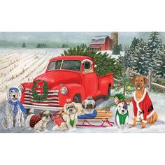 a group of dogs standing in front of a red truck with christmas decorations on it