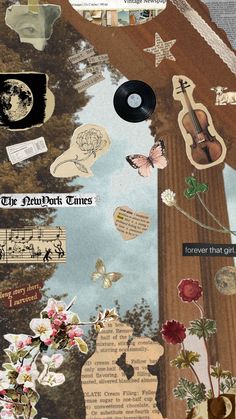 a collage of various images with music and flowers on them, including an old record player