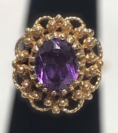 VINTAGE AMETHYST 14K YELLOW GOLD FILIGREE RING Beautifully crafted in 14k yellow gold, this 3CT Oval cut Amethyst Solitaire Ring is sure to please! This item is vintage and in excellent condition. It is sure to be one of your favorite pieces! Purple Vivid Hue 4.7 Grams Shipped insured/delivery confirmation I guarantee item to be exactly as described and pictured. Antique 14k Gold Amethyst Ring, Oval Yellow Gold Estate Rings, Yellow Gold Oval Estate Rings, Estate Style 14k Gold Oval Jewelry, Estate Style Oval Yellow Gold Rings, Collectible Oval Amethyst Ring In 14k Gold, Oval Yellow Gold Rings, Victorian 14k Gold Oval Rings, Formal Oval Gold Amethyst Ring