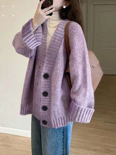 Women's Vintage Loose V-Neck Knit Cardigan Purple Casual  Long Sleeve Knitwear Colorblock,Plain,Striped  Slight Stretch Fall,Spring,Winter Women Clothing, size features are:Bust: ,Length: ,Sleeve Length: Purple Cardigan Outfits Korean, Knit Cardigan Inspiration, Cardigan Fashion Women, Lavander Outfits Casual, Carissa Aesthetic, Purple Sweater Aesthetic, Purple Aesthetic Fashion, Purple Winter Outfit, Knitted Cardigan Pattern