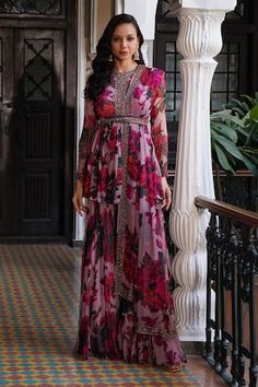 Lilac organza padded peplum kurta with floral print and sequins embroidery. Comes with sharara and a dupatta. - Aza Fashions Astha Narang, Kurta Sharara Set, Kurta Sharara, Sharara Set, Floral Peplum, Fashion App, Sequins Embroidery, Floral Chiffon, Bridal Lehenga