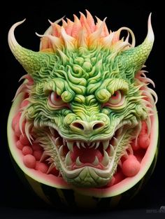 a carved watermelon with a dragon's head on it