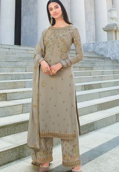 Buy Indian Wedding Lehenga grey georgette embroidered straight trouser suit 18091 online in USA, UK and Canada from KollyBollyEthnics.com Plazo Designs Latest Style, Plazo Designs Latest, Plazo Suit Design, Plazo Designs, Plazo Design, Buy Salwar Kameez Online, Suits For Women Indian, Embroidered Salwar, Celana Fashion