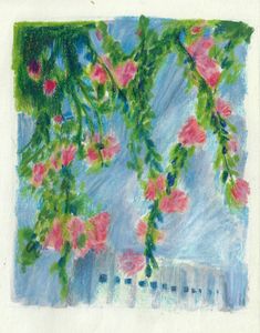 a drawing of pink flowers hanging from a tree in front of a blue sky and white fence