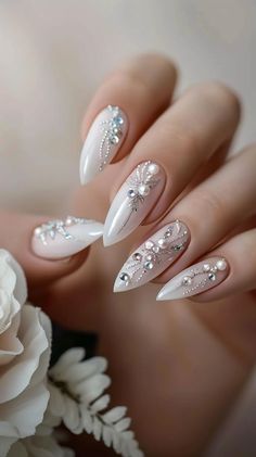 60+ Beautiful Elegant Bridal Nail Designs For 2024 Wedding Inspired Nails, Wedding Nails Purple The Bride, Fantasy Wedding Nails, Elegant Wedding Nails For Bride Blue, Wedding Nails 2024 Trends, Almond Wedding Nails For Bride, Bride Nails 2024, Bridal Nail Design, 2024 Bridal Nails