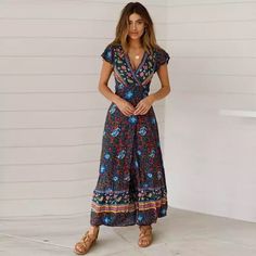 Maxi Dress Floral Print V-Neck Short Sleeve Wrap Around Closure Tags: Boho Retro Vintage Spell Gypsy Vici Free People Anthropologie Revolve Love Lemon Reformation Zara Faithful Johnny Coachella Bohemian Hippy Chic Black V-neck Maxi Dress With Boho Print, Beach Wrap Dress, Indie Dresses, Dark Blue Dress, Beach Wrap, Holiday Beach, Beach Maxi Dress, Outfit Trends, Boho Maxi