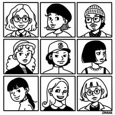 the faces of different people in black and white, with one woman's face drawn on