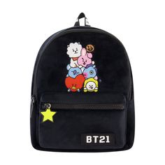 This is an officially licensed Line Friends BT21 Plush Mini Backpack. It reatures high quality graphics that make it the perfect gift for back to school, camp, any accomplishment, Halloween, christmas or brithdays. It is made of easy to clean and very durable Polyurethane. Each BT21 high quality backpack is built to carry all your needs for school. -Officially licensed Line Friends BT21 Plush Mini backpack. -Made with easy to clean and very durable Polyurethane. -Each BT21 high quality backpack Black Standard Backpack With Character Print, Black Cartoon Backpack For Students, Black Cartoon Bags For School, School Backpack With Logo, Cute Black Backpack For Back To School, Black Backpack With Character Print, Cartoon Black School Bag, Cartoon Style Black School Bag, Back To School Backpack With Logo