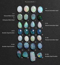 the opalite and white opals are shown in different sizes, shapes, and colors