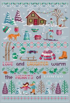 a cross stitch pattern with the words love and laughter