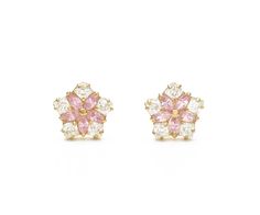 14K SOLID YELLOW GOLD CREATED DIAMOND & PINK TOURMALINE EARRINGS 1CT Beautiful pentagon shaped earrings featuring sparkling marquise cut pink tourmalines and princess cut created diamonds, all totaling 1.00carat. These sparkling stones are set in floral cluster settings with child-safe screw-back fastenings. All crafted from real 14K solid yellow gold and available in white gold with all birthstone color variations. Our created diamonds are synthetic simulants that feature brighter D color , Pink Gemstone Earrings In Flower Shape, Pink Gemstone Earrings With Flower Shape, Pink Gemstone Flower-shaped Earrings, Pink 14k Gold Wedding Earrings, Diamond Solitaire Earrings, Tourmaline Earrings, Birthstone Colors, Solitaire Earrings, Types Of Diamonds