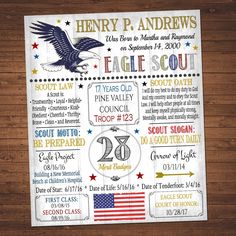 a poster with an eagle scout's birth date and the names of their families