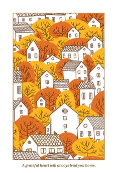 an orange and white illustration of houses with trees in the foreground, surrounded by leaves