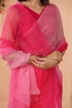 Pink ombre saree with mukaish embroidery. Comes along with unstitched blouse piece. - Aza Fashions Festive Blouse With Sheer Dupatta For Eid, Festive Organza Salwar Kameez With Unstitched Blouse, Eid Kurta With Unstitched Blouse In Georgette, Georgette Kurta With Unstitched Blouse In Saree Shape, Pink Blouse With Sheer Dupatta For Eid, Mukaish Saree, Mukaish Embroidery, Ombre Saree, Chiffon Embroidery