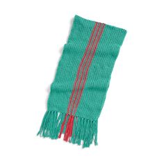 a green scarf with red stripes on it