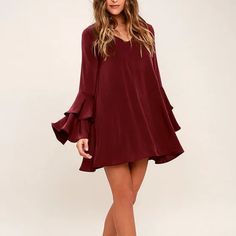 Lulus Get A Glimpse Burgundy Long Sleeve Shift Dress Size Small *Sold Out Online Gathering Glances Is Easy In The Get A Glimpse Burgundy Long Sleeve Shift Dress! Soft And Silky Woven Poly Falls From A V-Neckline Into A Shift Silhouette Framed By Tiered, Bell Sleeves. Hidden Back Zipper. Fit: This Garment Fits True To Size. Bust: Great For Any Cup Size. Waist: Not Fitted - Comfortable Room Throughout Midsection. Hip: Not Fitted - Room For Hips. Undergarments: May Be Worn With Any Standard Bra. Fa Burgundy Skater Dress, Dresses Lulus, Silhouette Frames, Gingham Jacket, Deep V Dress, Long Sleeve Shift Dress, Denim Maxi Skirt, Comfortable Room, Short Sleeve Mini Dress