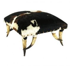 Horn Collection Ottoman Rustic Style Furniture, Turquoise Bedding, Rustic Furniture Design, Ranch Furniture, Cowhide Ottoman, Brindle Cowhide, Black Barn, Laser Engraved Gifts, Silver Nail