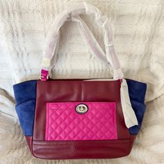 Coach 24693 Park Quilted Color Block Carrie Leather Pink Blue Suede Leather Purse Bag Tote. This Is A Striking Handbag With A Rich Color And Beautiful Texture. It Is In Excellent Used Condition - Free Of Rips, Stains, Or Odors And Comes From My Smoke And Pet Free Home. * Turnlock Pocket On The Front And 2 Side Slip Pockets * Measurements: 11.5"L X 5.75"W X 10"H * Handles With 10" Drop And Zip Top Closure * Hang Tag * Satin Lining Coach Color Block Purse, Coach Bucket Bag, Red Leather Bag, Leather Duffel Bag, Suede Purse, Leather Duffel, Vintage Coach Bags, Black Leather Bags, Black Shoulder Bag