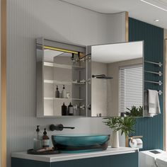 a bathroom with a blue sink and mirror