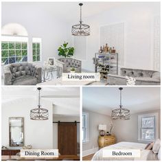 four different views of a living room and dining room with chandelier hanging from the ceiling