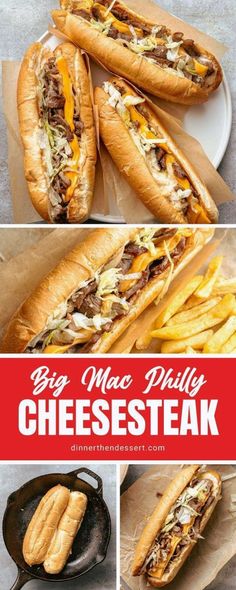 the big mac and cheese steak sandwich is shown in three different pictures, including one with fries