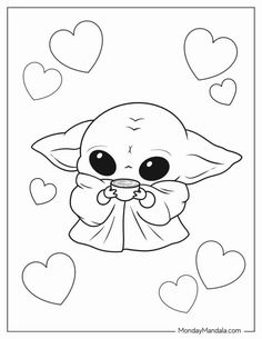 a baby yoda with hearts in the background