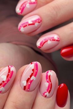 Nails Ideas Valentines, Valentines Day Nails Round Shape, Nails Every Nail Different Color, Nails Gel X Designs, Valentines Day Nail Art Designs, Nail Designs On Pink Nails, Valentine S Day Nail, Valentine’s Day Nails Ideas, Nails 2 Different Colors On Each Hand