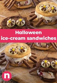 two pictures of ice cream sandwiches with spider legs on them, one has eyes and the other has teeth