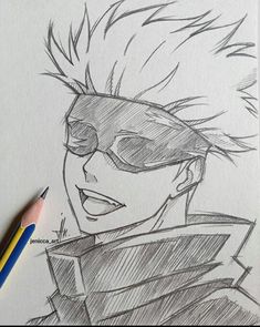 a pencil drawing of an anime character with sunglasses on his head and hair blowing in the wind