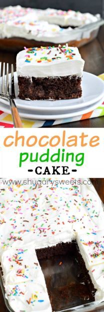 chocolate pudding cake with white frosting and sprinkles