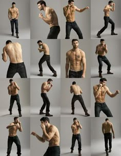 the man is posing in all different poses for his photo shoot with no shirt on