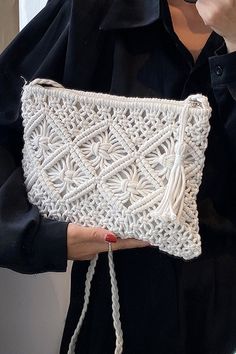 Woven Macrame Shoulder Purse Bag - Lavender Hills BeautyLavender Hills BeautyU-259- Macrame Fashion, Tassel Decor, Tassels Decor, Crochet Buttons, White Tassel, Bohemian Accessories, Macrame Bag, Macrame Decor, Macrame Design