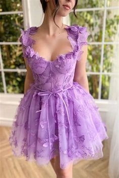 Purple Lace Dresses For Prom, Lavender Mini-length Dress For Prom, Lavender Mini Length Dress For Prom, Purple Lace Dress With Sweetheart Neckline, Purple Sleeveless Mini Dress For Garden Party, Purple Knee-length Prom Dress, Lavender Prom Dress For Summer, Lavender Mini Dress For Prom And Summer, Lavender Mini Dress For Summer Prom