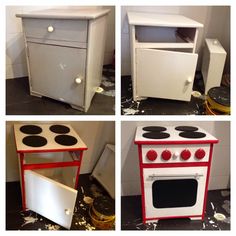 four different views of an old fashioned stove and oven in various stages of being painted