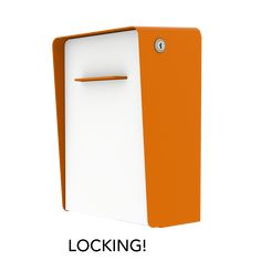 an orange and white refrigerator with the words locking on it