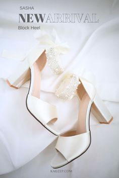 Wedding block heel White Pearl Embellished Wedding Shoes For Bridesmaids, Wedding Heels With Pearl Embroidery And Open Toe, Bridal Shower Pearl Embellished Ankle Strap Sandals, Shoes For Brides, Shoe Making, Women Flats, Wedding Sandals, Bride Shoes, The Pearl