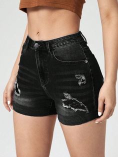 Ripped Slim Fit Denim Shorts Black Casual   Denim Plain Straight Leg High Stretch  Women Clothing, size features are:Bust: ,Length: ,Sleeve Length: Summer Shorts Denim, Stretch Denim Shorts, Ripped Denim Shorts, Shorts Fashion, Summer Denim, Style Noir, Short Jeans, High Waisted Shorts Denim, Ripped Denim